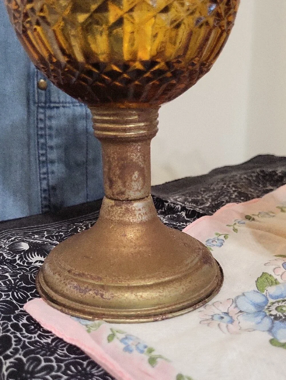 RARE FIND ** 1960's Amber Glass Hurricane Lamp Pair —